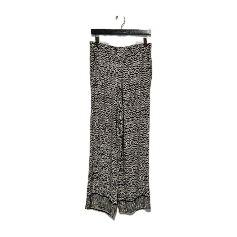 Solitaire Ikat Black Cream Print Rayon Pants M Wide Leg Pull On Contrast Hem